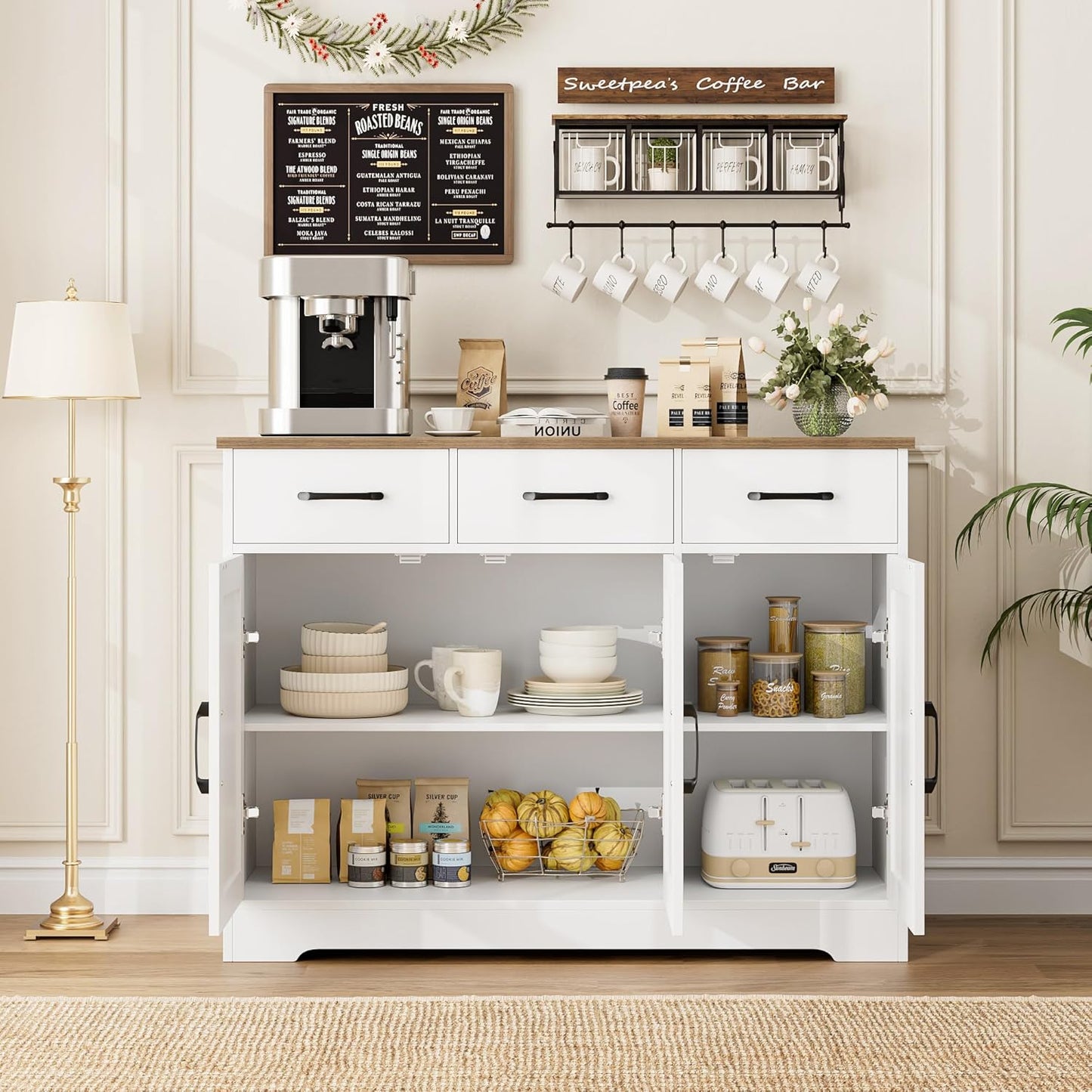 Modern Farmhouse Sideboard Buffet Cabinet, Barn Doors Buffet Storage Cabinet with Drawers and Shelves, Wood Coffee Bar with Storage for Kitchen, Dining Room, Living Room, White