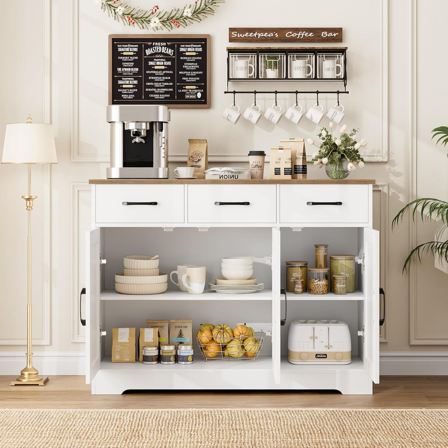 Modern Farmhouse Sideboard Buffet Cabinet, Barn Doors Buffet Storage Cabinet with Drawers and Shelves, Wood Coffee Bar with Storage for Kitchen, Dining Room, Living Room, White