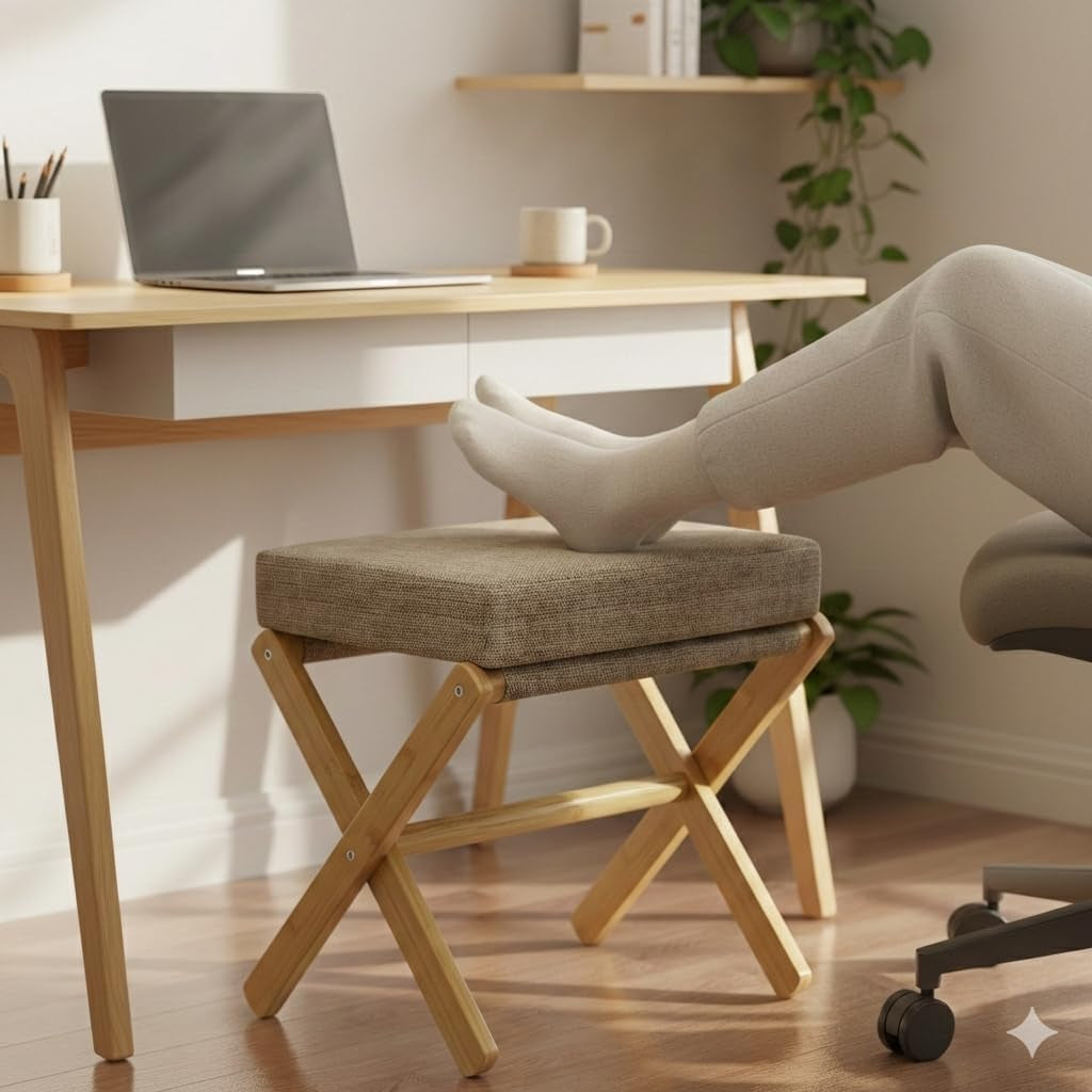 Foldable Foot Stool Ottoman, Modern Foot Rest with Bamboo X Legs & Thick Foam Cushion, Folding Foot Stools Small Padded for Bedroom Living Room, Footstool for Chair Couch (Natural - Brown)