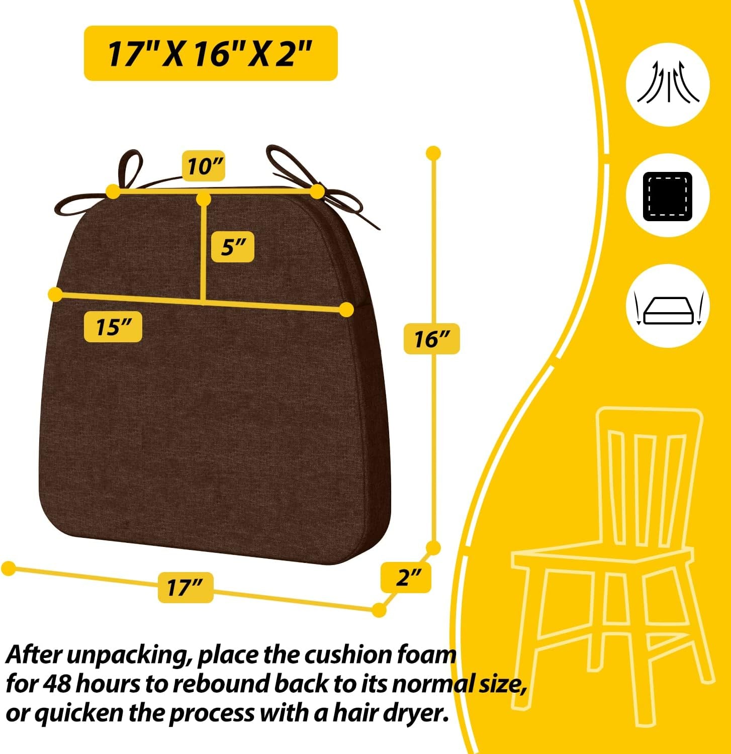 D-Shaped Chair Cushions, 2" Thick Dining Chair Pads with Ties and Removable, Machine-Washable Cover, 17" X 16", Set of 4, Brown