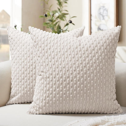 Throw Pillow Covers 18X18 Inch, Set of 2, Soft Corduroy Boho Stripe Decorative Pillow Cover, Couch Fluffy Pillow Cover for Farmhouse Home Decor Bed Living Room, Beige