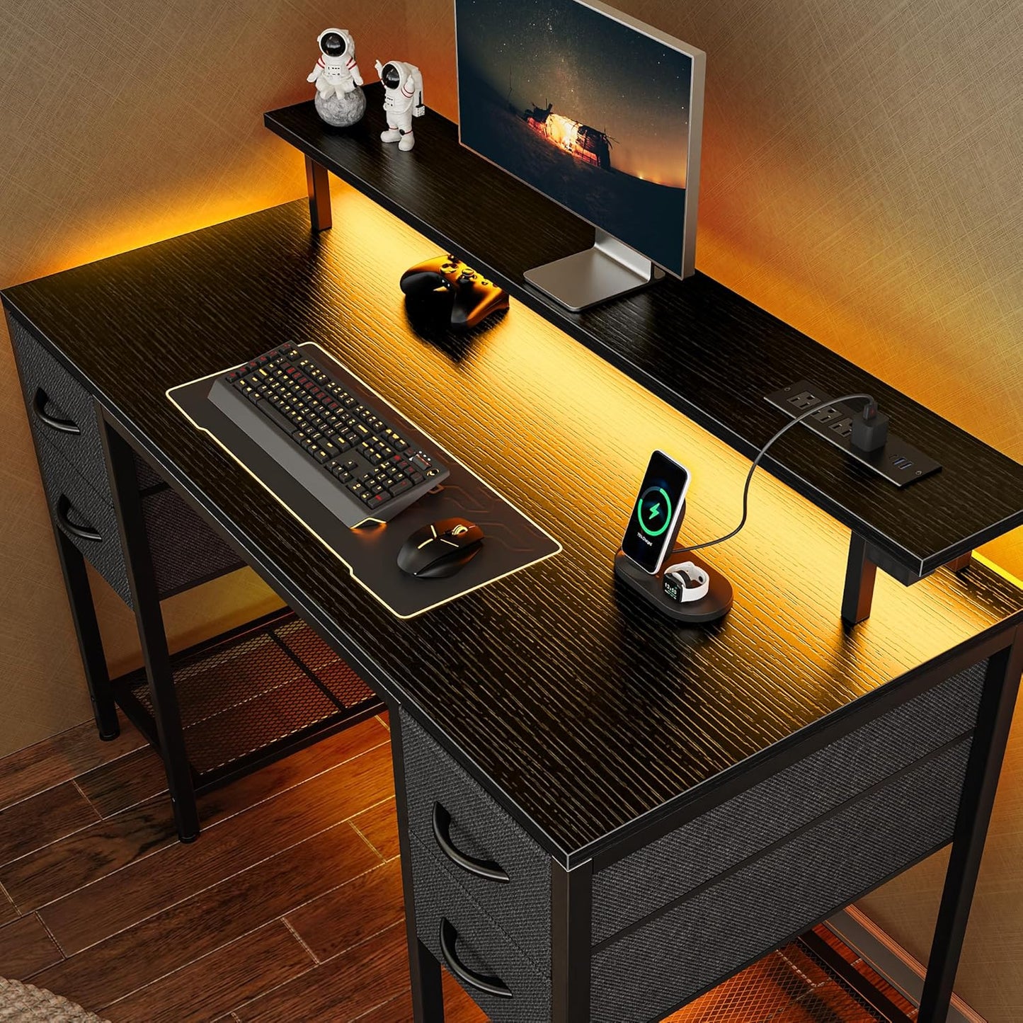 47 Inch Computer Desk with 4 Drawers, Gaming Desk with LED Lights & Power Outlets, Home Office Desk with Large Storage Space for Bedroom, Work from Home, Black