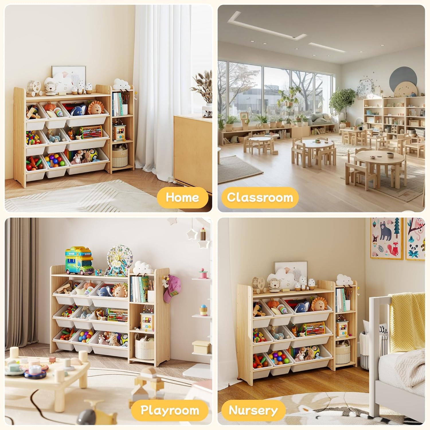 Kids Toy Storage Organizer, Wooden Shelf with 3 Tiers and 9 Storage Bins, Nursery Room Organizer for Books and Toys, White and Natural Wood
