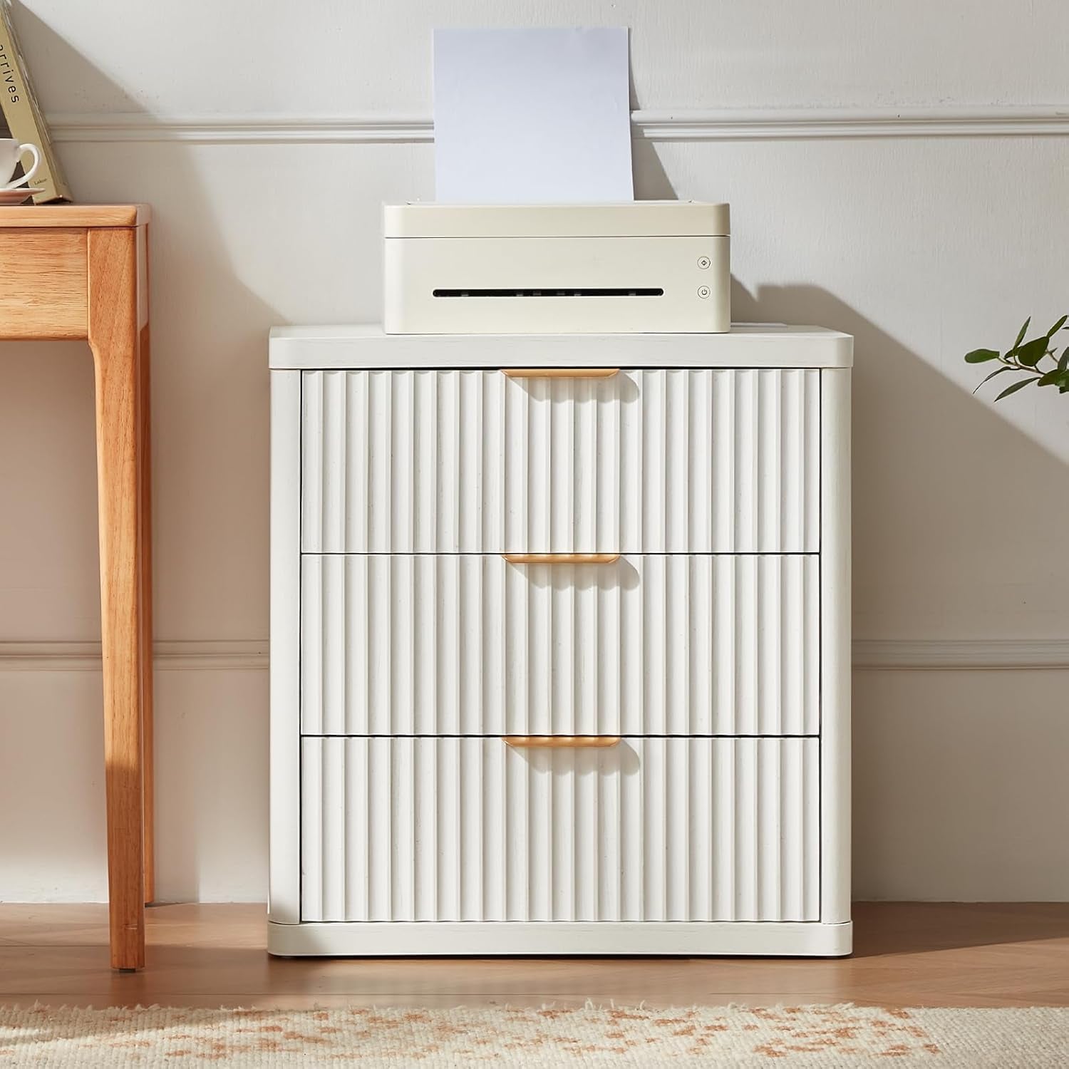 23" Wide Fluted Farmhouse Night Stand Set of 2 with Charging Station, 3 Drawers Large End Table W/Metal Handle,White Nightstand Bedside Table,Wood Dresser for Bedroom, Closet