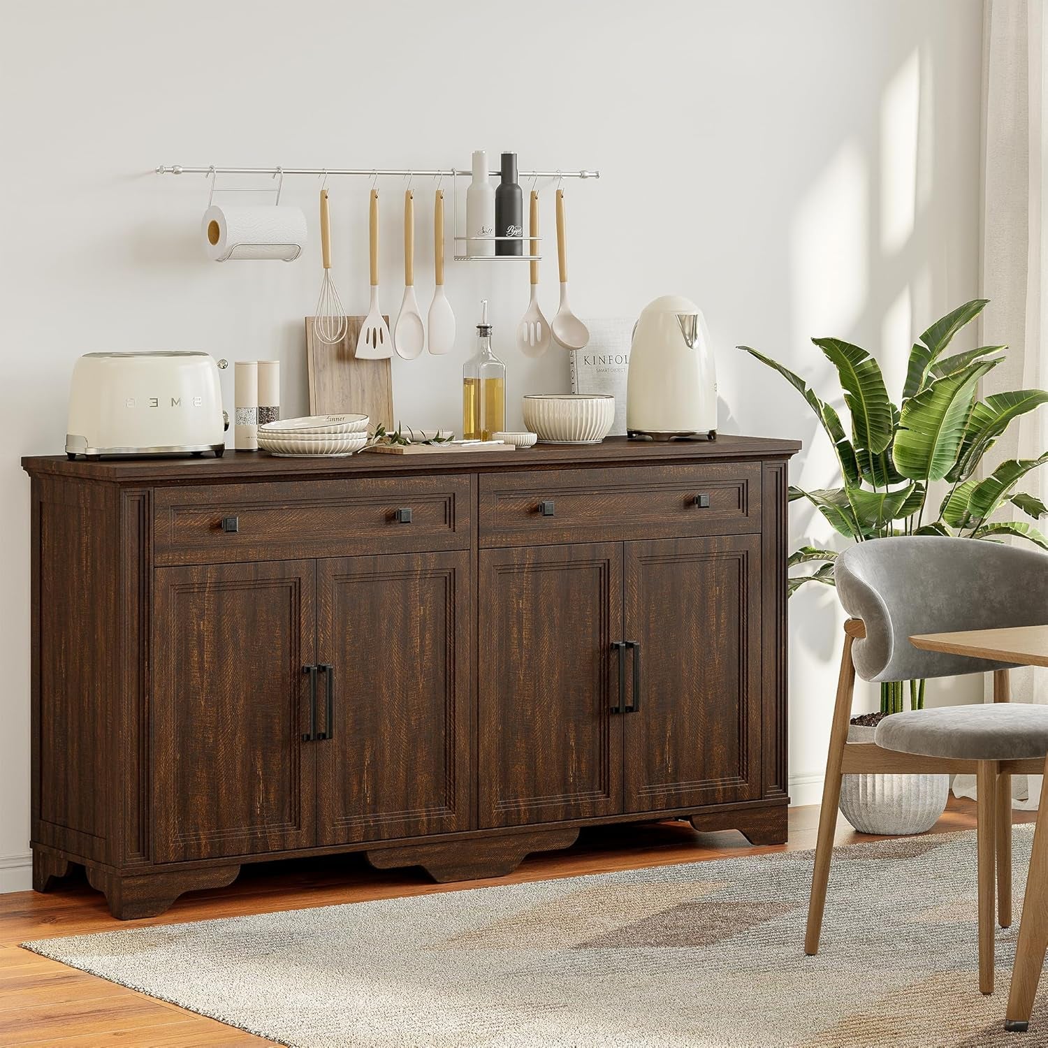 63" Sideboard Buffet Cabinet, Kitchen Buffet Storage Cabinet, Large Credenza with Drawers & Doors, Wood Coffee Bar Console Wine Bar for Living Room Hallway Brown