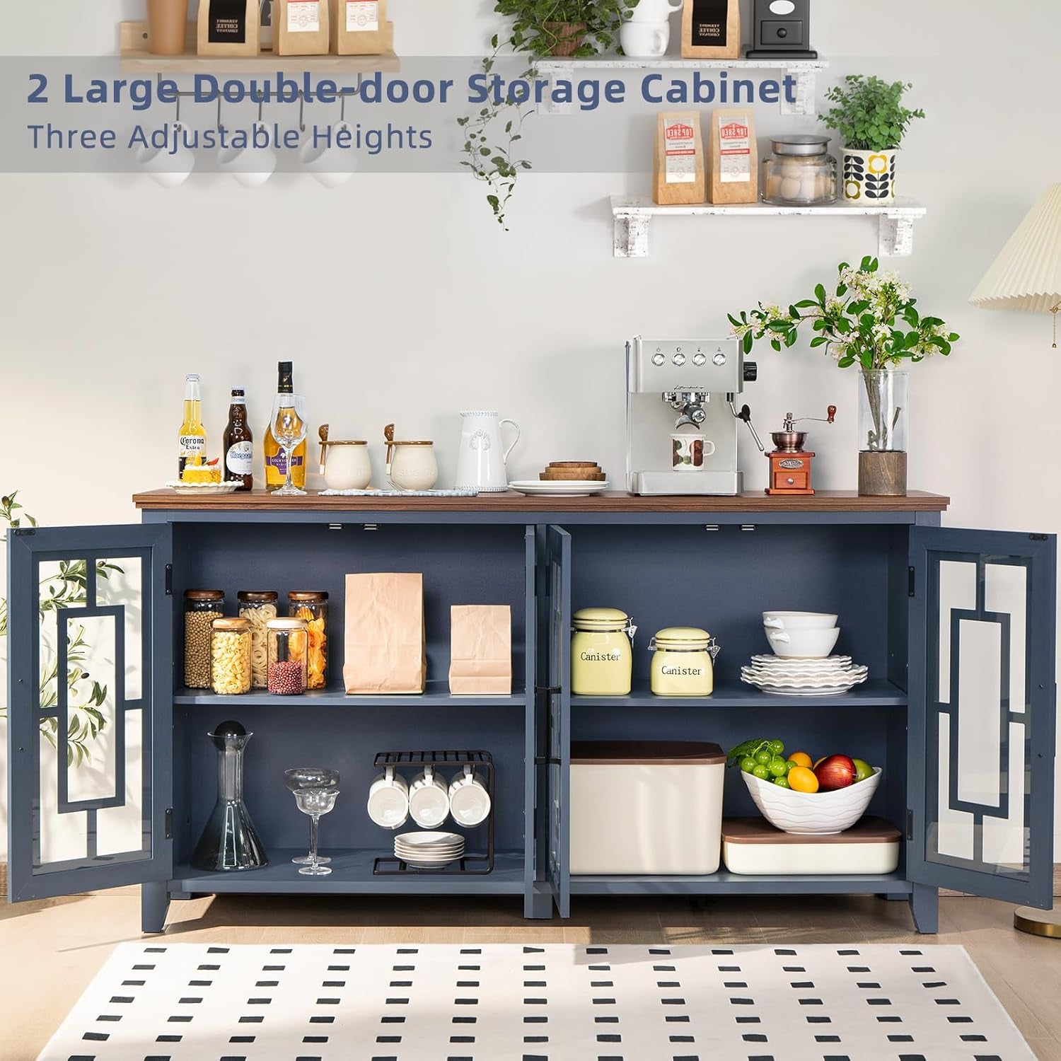 Large Sideboard Buffet Cabinet with Storage, 63" Farmhouse Navy Blue Kitchen Coffee Wine Bar Cabinet with 4 Glass Doors, Mid Century Modern Wood Side Board Table for Dining Room, Living Room