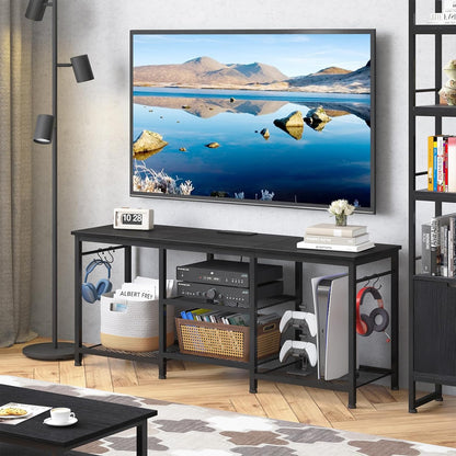 Entertainment Center for up to 55 Inch Tvs, TV Stand with Power Outlet and Open Storage Shelves, TV Media Console Table for Living Room and Bedroom, Black