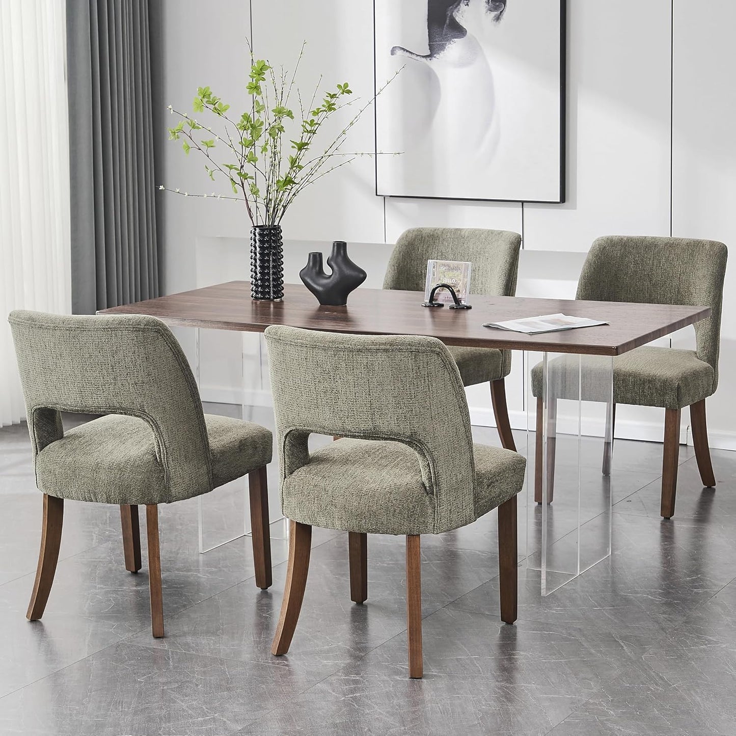 Wooden Dining Chairs Set of 2, Modern Fabric Upholstered Dining Room Chair Kitchen Chairs, Farmhouse Dinner Chair for Kitchen Dining Room, Green