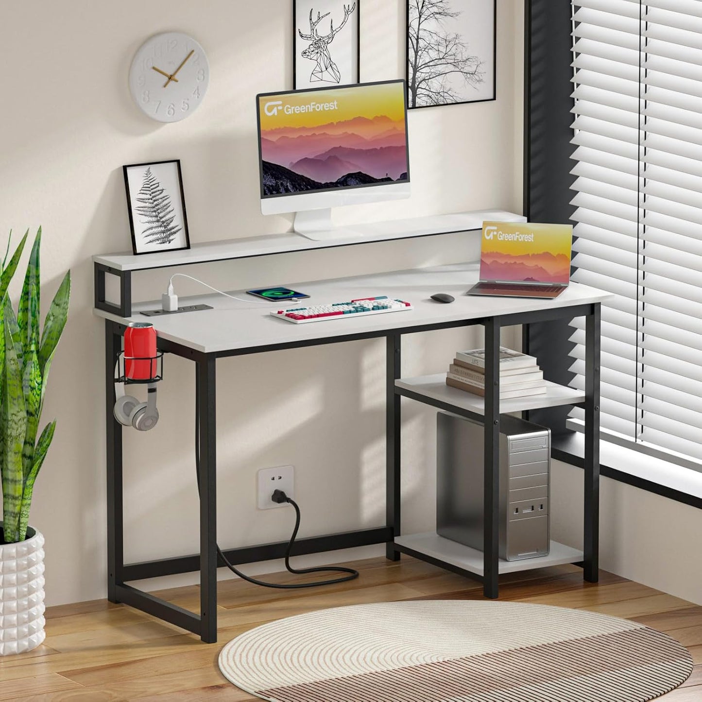 40 Inch Home Office Desk with Power Outlets, Small Computer Desk with Ergonomic Monitor Stand, Reversible Gaming Desk, Modern Study Desk, Laptop Desk, White