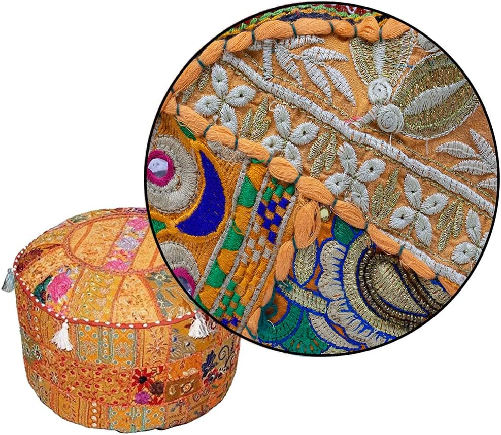 Indian Pouf Footstool Ethnic Embroidered Pouf Cover, Indian Cotton round Pouffe Ottoman Pouf Cover Pillow Ethnic Decor Art - Cover Only (Orange, 22X14)