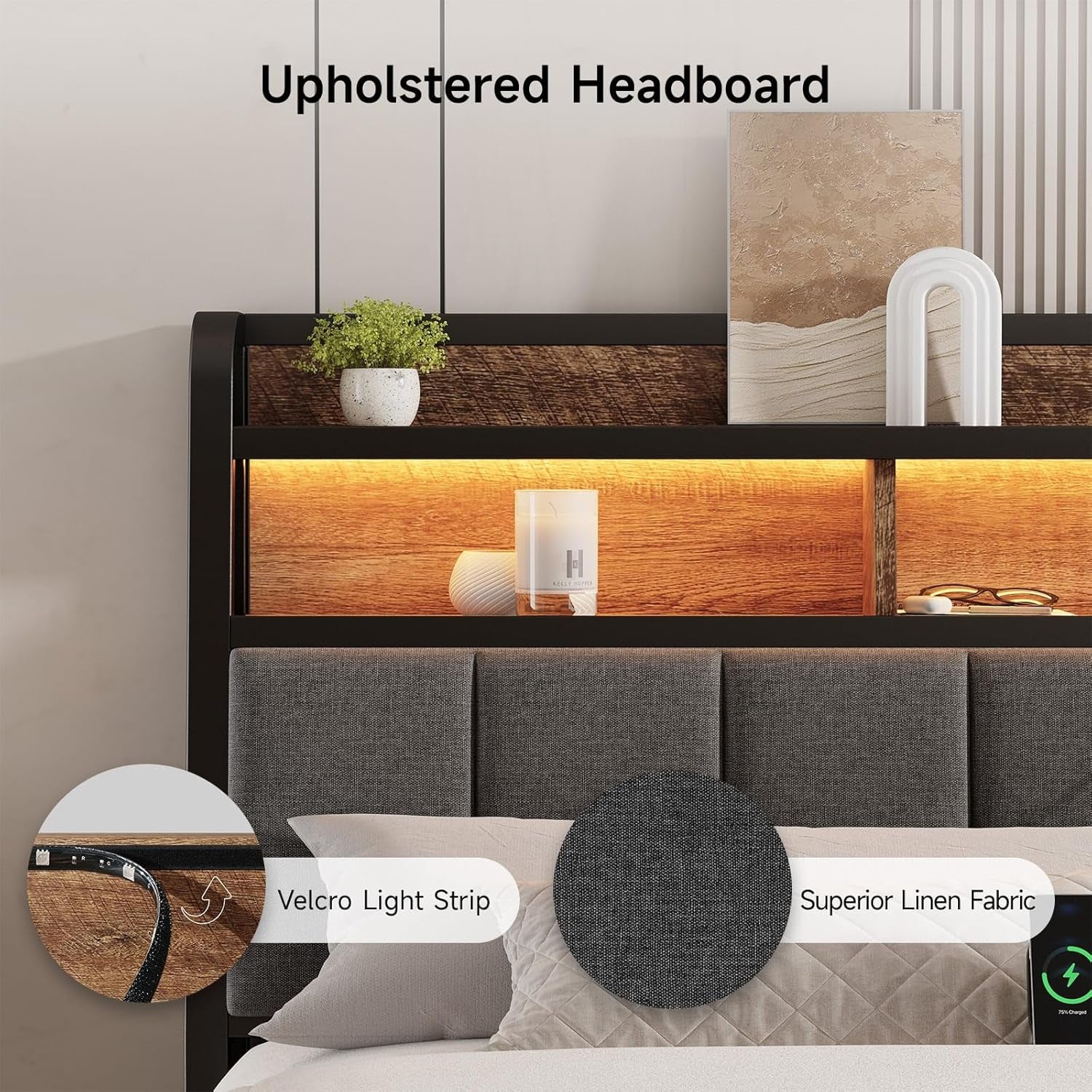 Ergonomic Headboard for Queen Size Bed with 2-Tier Storage, Upholstered Headboards with Outlets, USB Ports, LED Light, Queen Head Board Only, Height Adjustable, Sturdy and Stable, Black & Brown