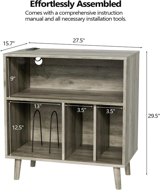 Record Player Stand with Open Vinyl Storage, Mid-Century Album Storage Table with LED Light up to 300 Albums, Vinyl Record Player Shelf with Power Outlet for Living Room, Grey Oak