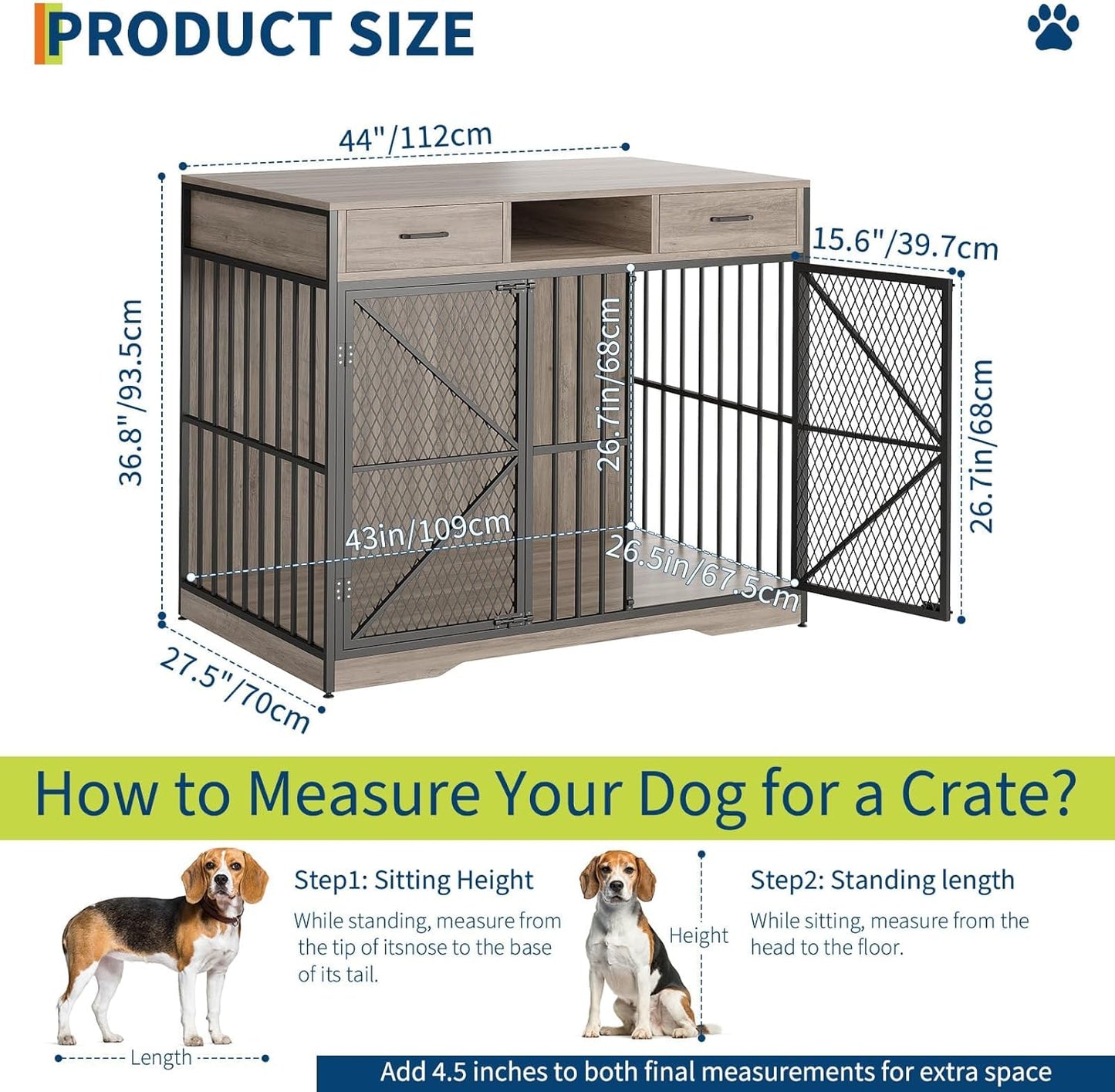 44 Inch Large Dog Crate Furniture, Multi-Functional Dog Cage Table with 2 Drawers and an Open Compartment, Heavy Duty Wooden Dog Crate TV Stand for Indoor Use