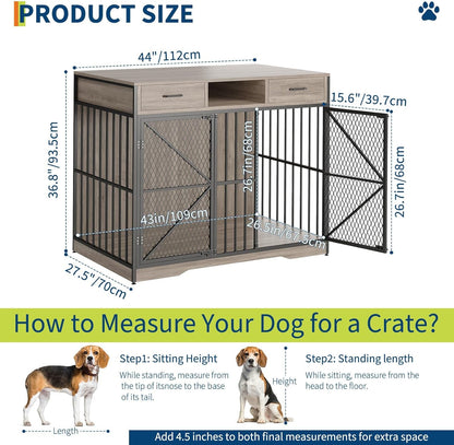 44 Inch Large Dog Crate Furniture, Multi-Functional Dog Cage Table with 2 Drawers and an Open Compartment, Heavy Duty Wooden Dog Crate TV Stand for Indoor Use