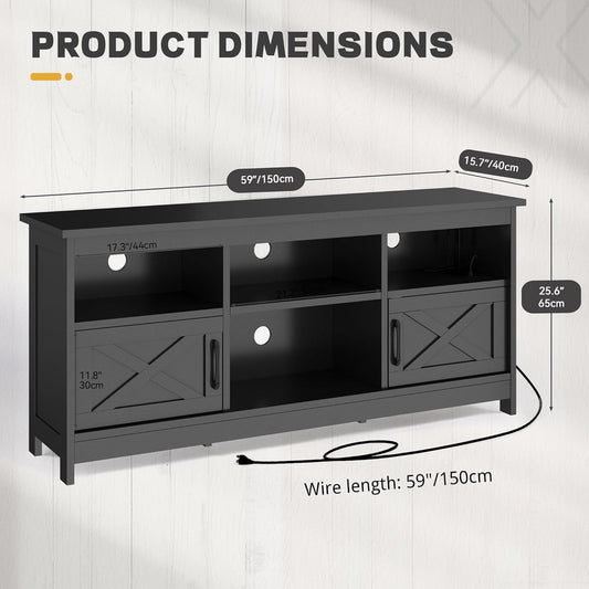 TV Stand for 65 Inch Tvs, Entertainment Center with Storage Cabinets, Power Outlet & LED Light, Media TV Console with Barn Doors for Living Room, Black