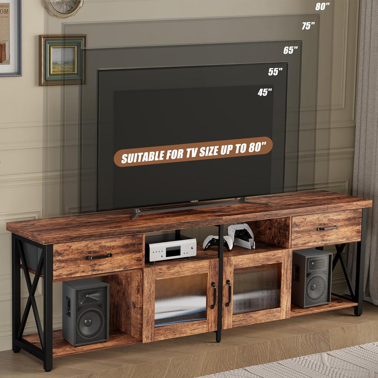 TV Stand for 75 80 Inch TV, Farmhouse Entertainment Center with 2 Drawers & Storage Cabinets, Industrial Media Console Table with Soundbar Shelf for Living Room, Bedroom, Fits Tvs up to 80"