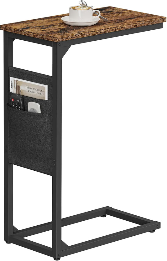 C Shaped End Table, Side Table for Couch, Sofa Table with Storage Bag, TV Tray for Living Room, Bedroom, Brown TB01BB082
