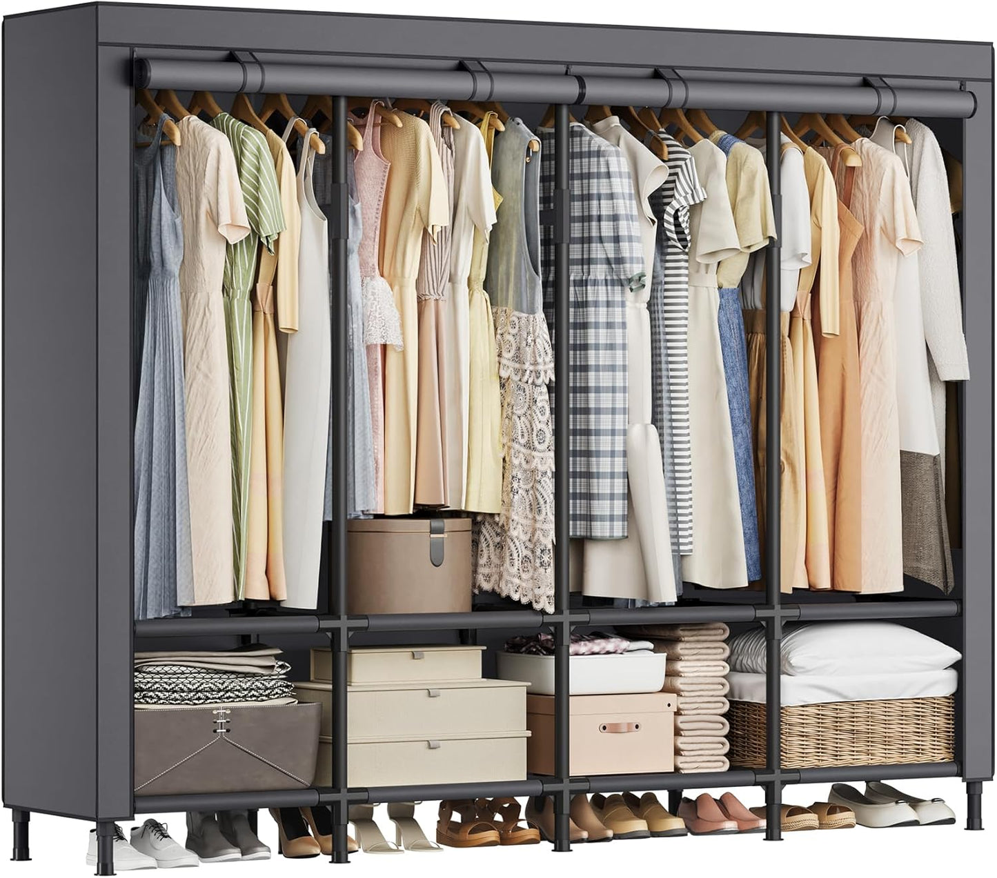 Wardrobe Closet, 83.5 Inch Large Capacity Portable Closet, Clothing Rack, 25 Mm Dia,Thick Steel Tubes, Clothes Organizer with Fabric Cover, 5 Hanging Rails, 10 Shelves, Ink Black URDR095B01