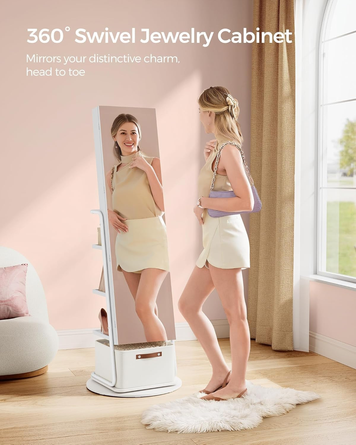 360° Swivel Mirrored Jewelry Cabinet with Lights, Full-Length Mirror with Jewelry Storage, Standing Jewelry Armoire Organizer, with Large Storage Basket, Makeup Shelf, Cloud White UJJC018W01