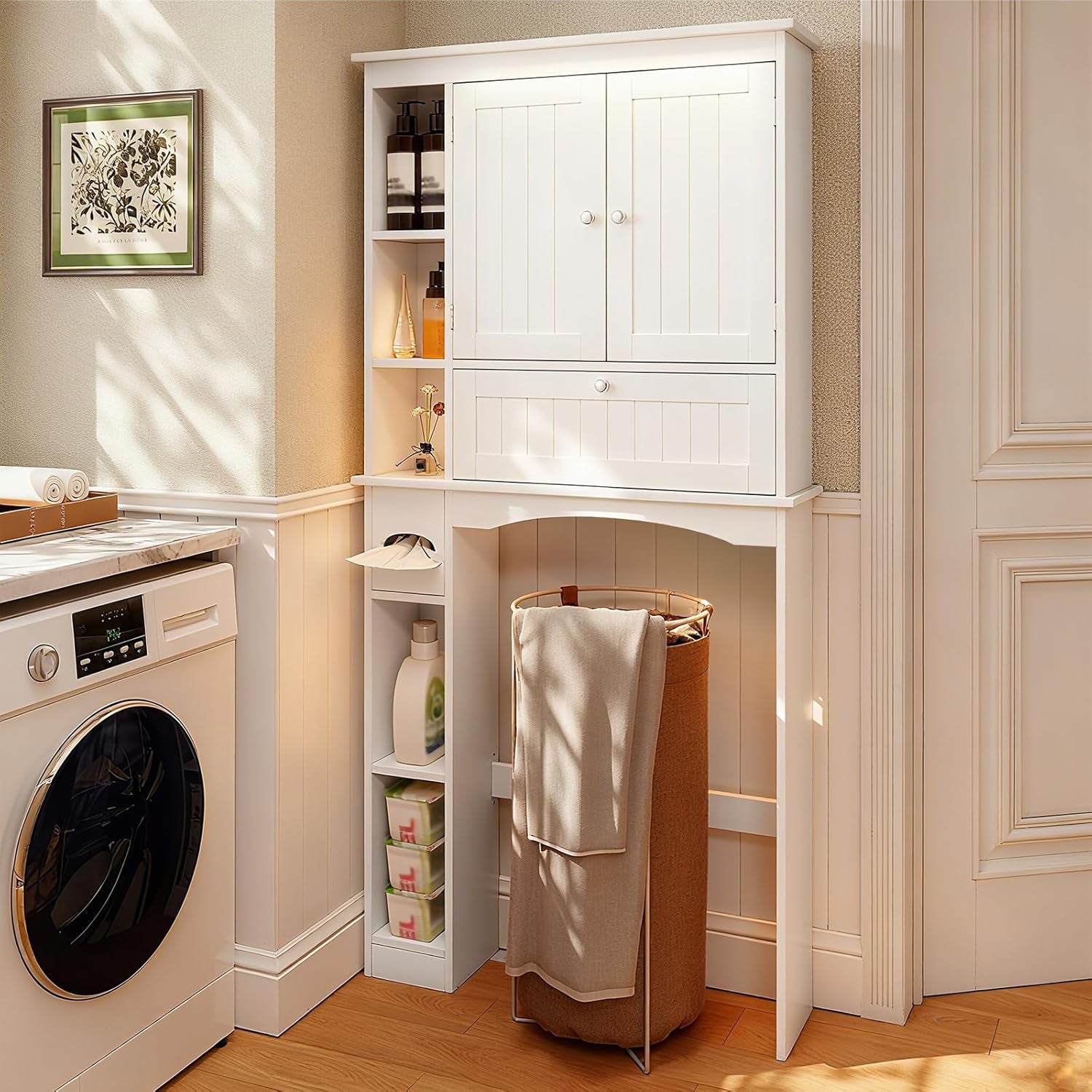 over the Toilet Storage Cabinet, 31.5''W Freestanding Space Saver with Doors, Adjustable Shelf & Toilet Paper Holder, over Toilet Bathroom Organizer for Laundry, Restroom, White