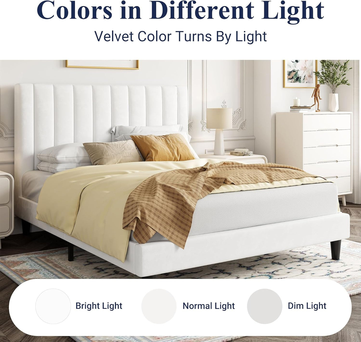 Full Bed Frame/Velvet Upholstered Bed Frame with Vertical Channel Tufted Headboard/Strong Wooden Slats/Platform Bed Frame/Mattress Foundation/Box Spring Optional/Easy Assembly/White