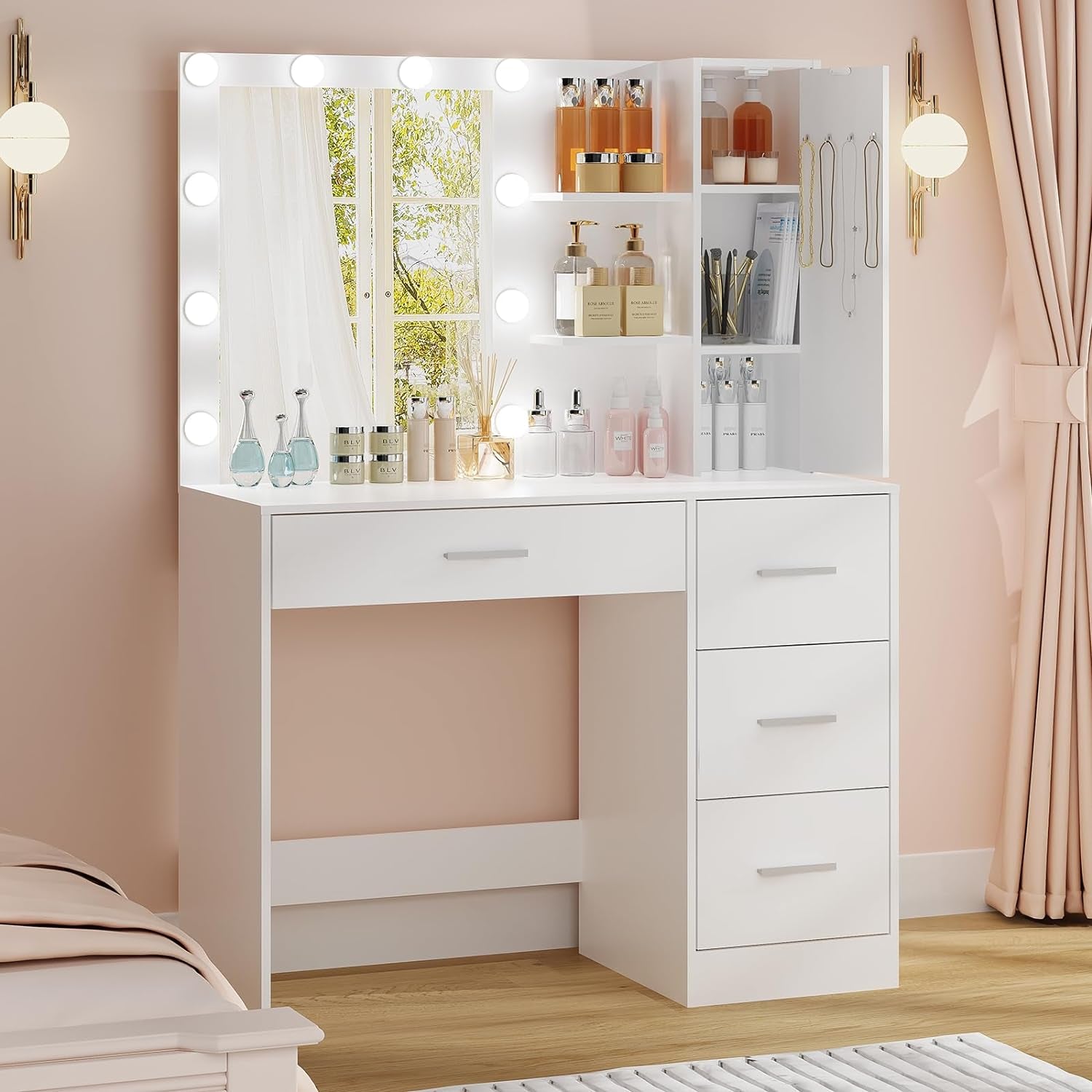 Makeup Vanity with Lights, Vanity Desk with Mirror and 10 LED Lights, Vanity Table Set with 4 Drawers, Cabinet & 4 Necklace Hooks, Dressing Table for Bedroom, White