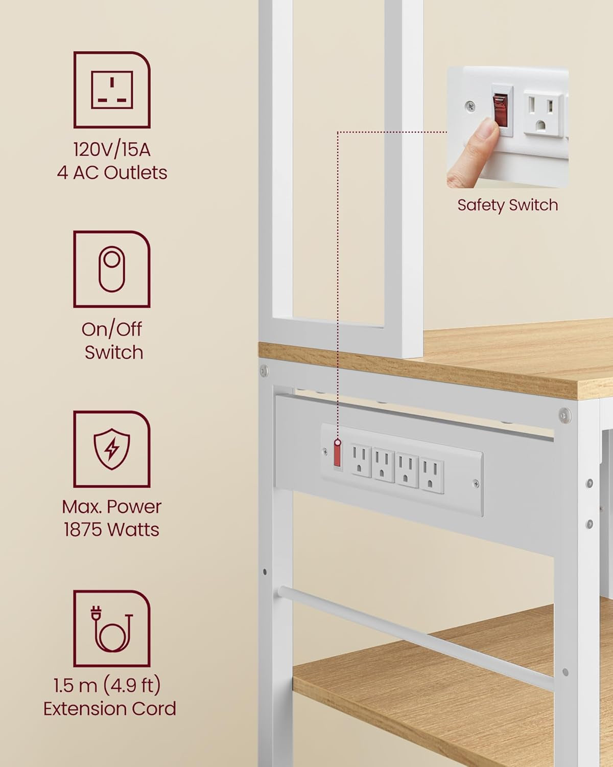 Bakers Rack with Charging Station, Coffee Bar with Adjustable Storage Shelves, Fabric Drawer, 12 Hooks, 15.7 X 31.5 X 71 Inches, Kitchen Microwave Stand, Golden Oak and Cloud White UKKS015Y03