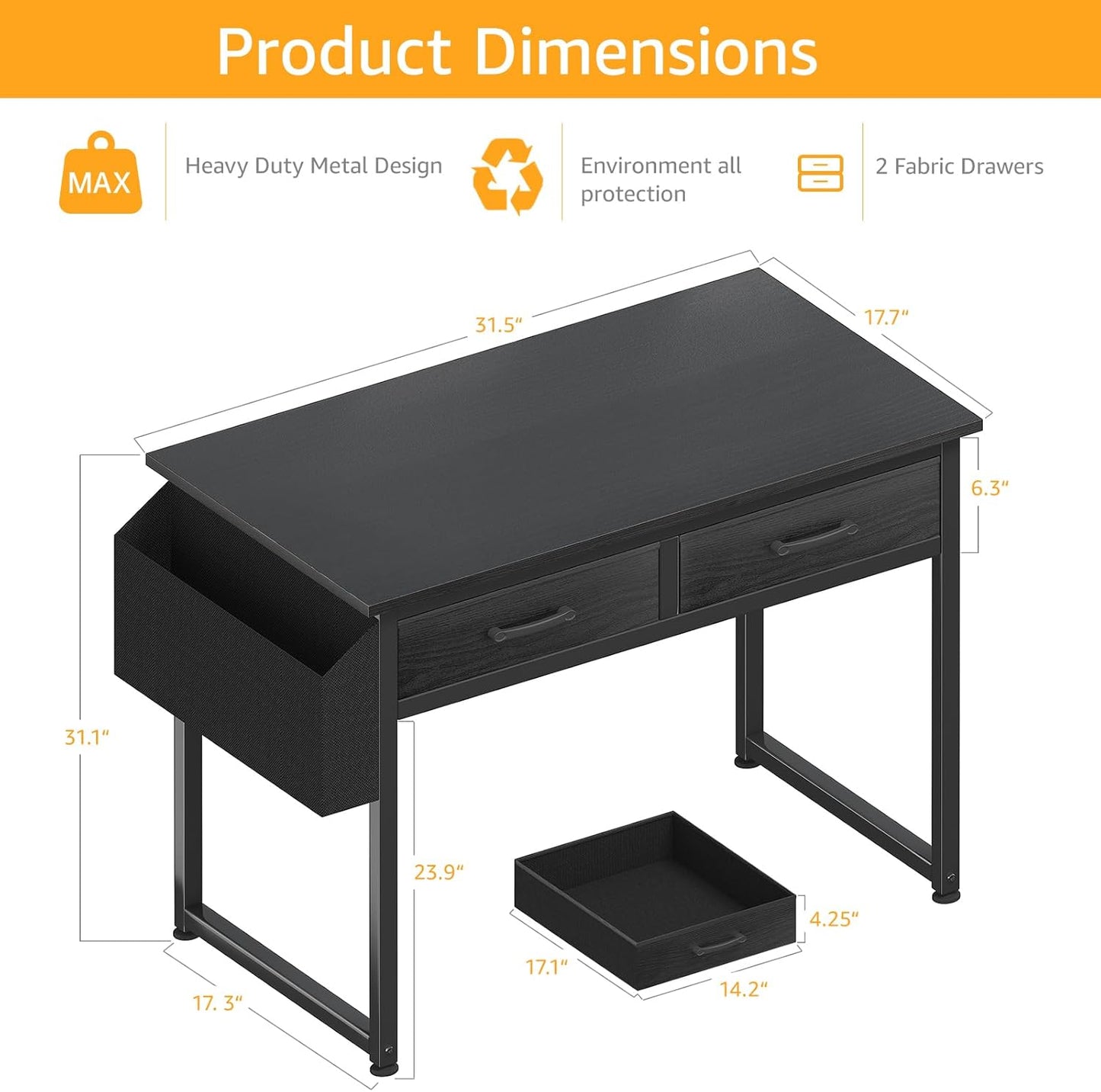 Small Desk with Fabric Drawers for Bedroom, 32 Inch Gaming Desk with 2 Drawers for Small Space, Study Writing Table PC Desks, Black