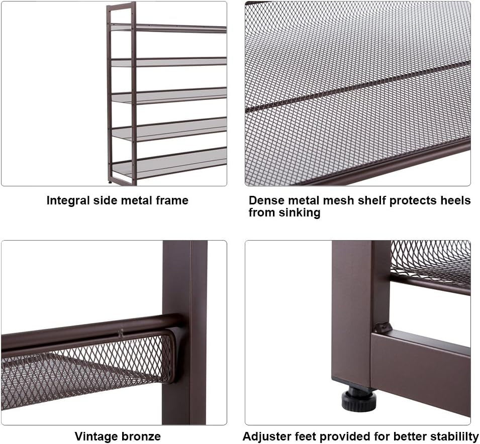 Shoe Rack, 5-Tier Shoe Organizer, Metal Shoe Storage for Garage, Stackable Shoe Shelf, with Adjustable Flat or Angled Shelves, 20-25 Pairs, Bronze ULMR05A