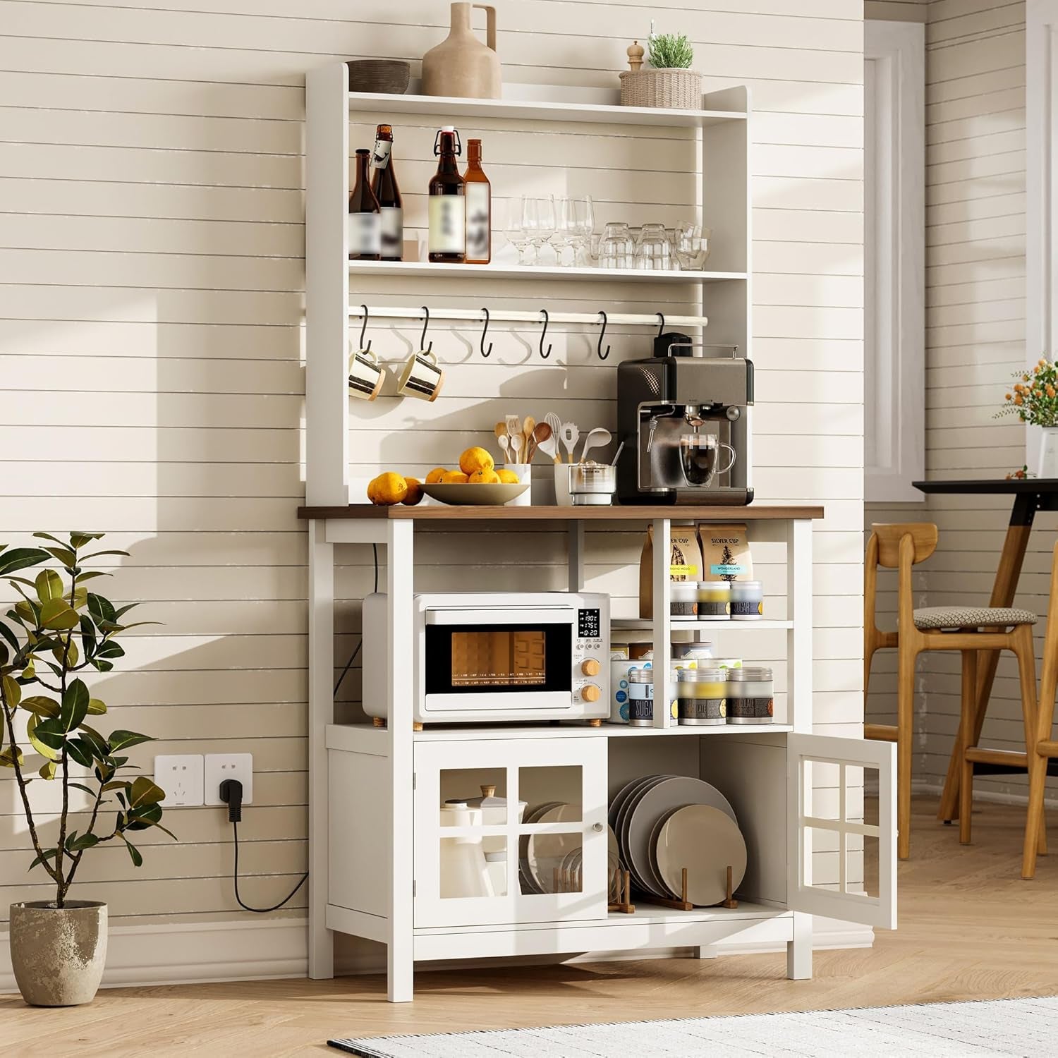 Farmhouse Bakers Rack with Power Outlets and Storage, Coffee Bar Cabinet with Storage, Microwave Stand Kitchen Cabinet with Hutch and 6 Hooks, Soft White & Brown