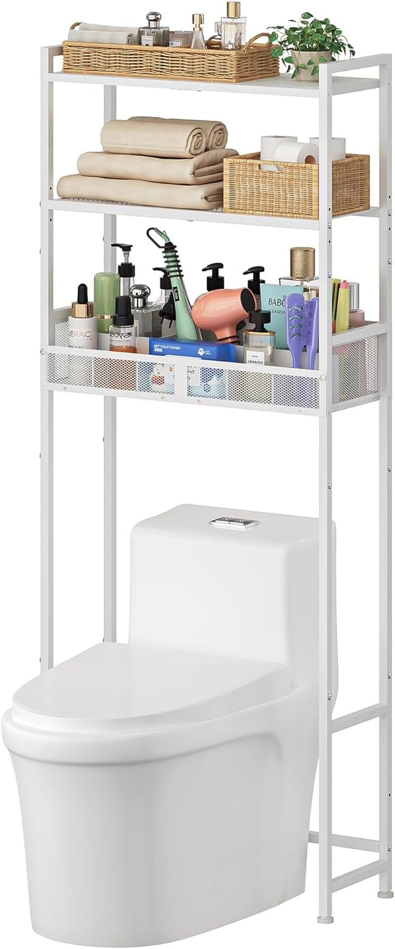 3-Tier over the Toilet Storage Shelf, Metal over Toilet Bathroom Organizer with Dividers, Freestanding Bathroom Space Saver Rack with Adjustable Shelf & Feet, White