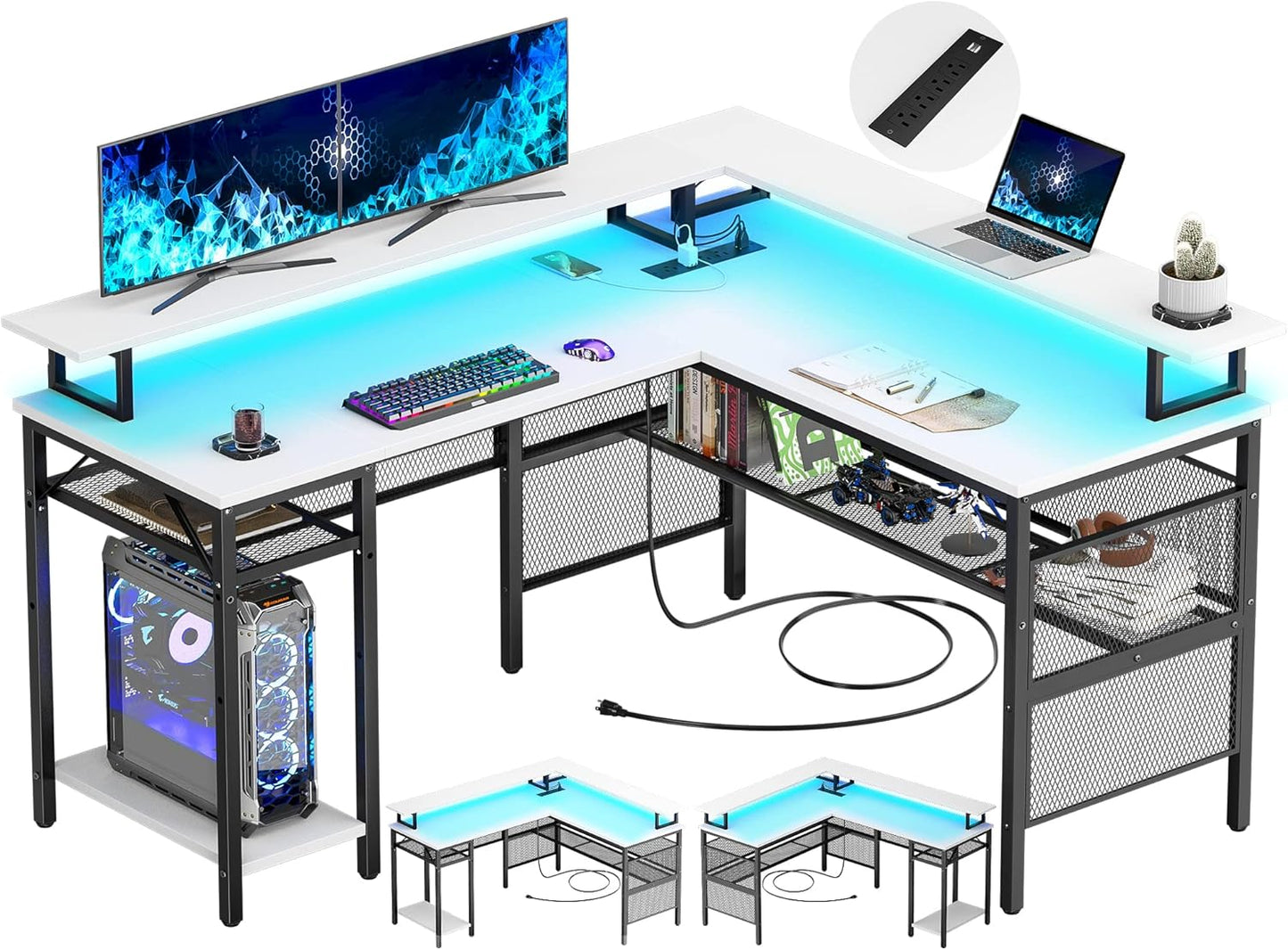 L-Shaped Desk with LED Strip and Power Outlets, Reversible Corner Computer Desk with Monitor Stand and Storage Shelf, Modern L-Shaped Gaming Table, Home Office Desk with USB Ports, White