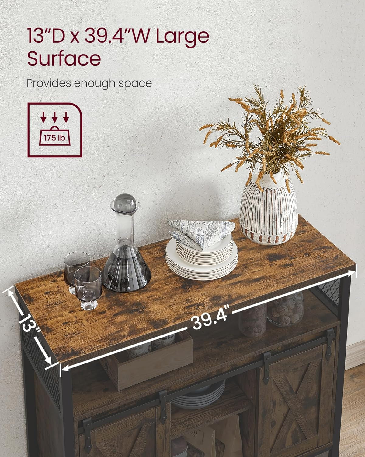 Coffee Bar Cabinet with Power Outlet and Voice Control LED Light, Buffet Cabinet with Sliding Barn Doors, S Hooks, Wine Glass Racks, Bottle Holders, Rustic White and Honey Brown ULSC201W01