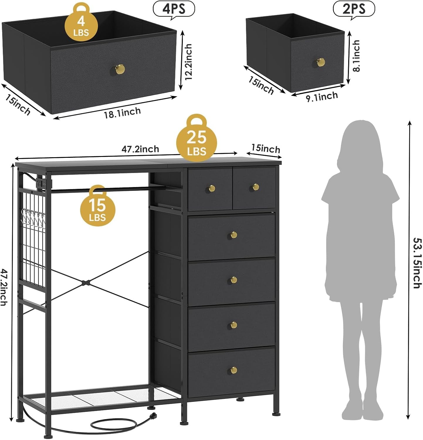 47.2" White Dresser with Hanging Rack, 2 in 1 Bedroom 6 Drawers with LED Lights & Charging Station, Wooden with Fabric Drawers and Clothing Rack (-2)