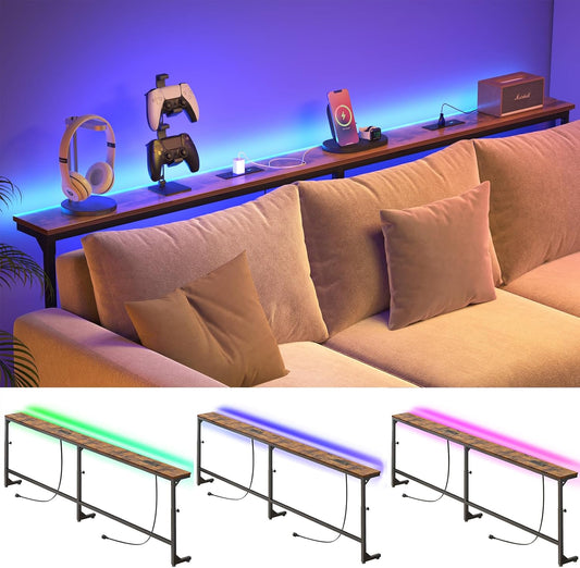 79In behind Couch Table Adjustable Height Sofa Table with Charge Station Narrow Console Table with LED Lights, Rustic Brown