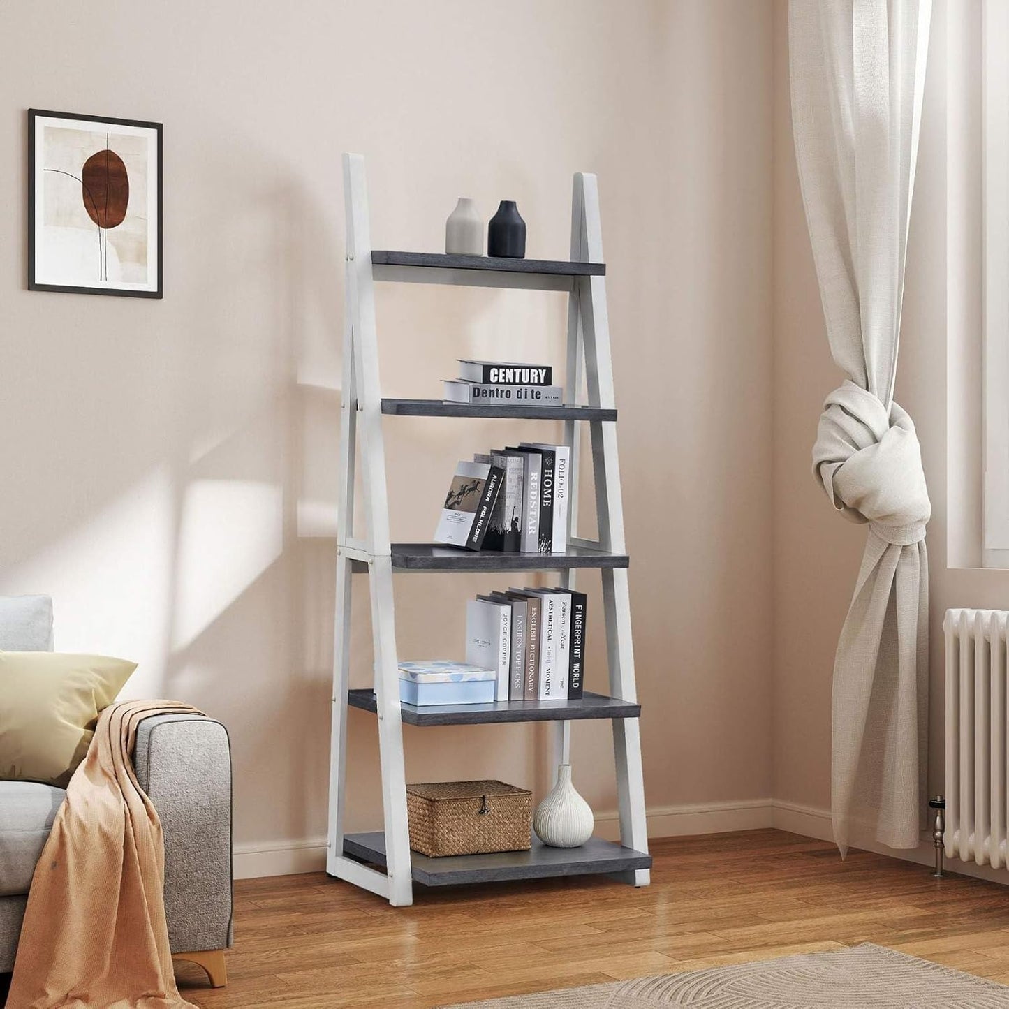 5-Tier Ladder Shelf, 72.01'' Tall Freestanding Bookshelf, Rustic Wood Storage Display Rack, Space-Saving Leaning Ladder Design for Living Room, Home Office, Grey