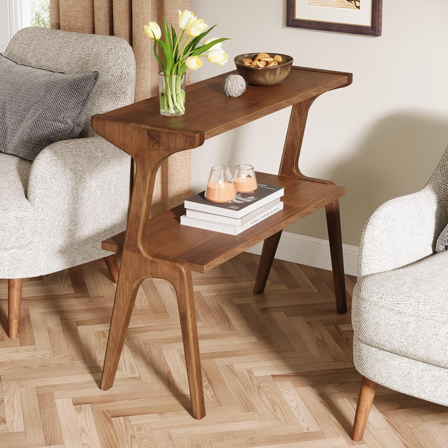 Solid Wood Side Table, 2-Tier Farmhouse Couch Side Table, Rustic Slim Tall Sofa End Table with Storage Shelf for Living Room, Skinny Bedside Table, Nightstand for Bedroom, Rustic Brown