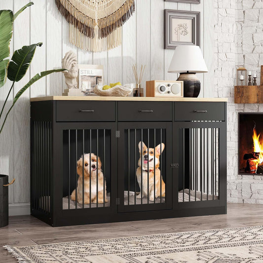 55.3" Extra Large Dog Crate Furniture, Heavy Duty Dog Kennel House with 3 Drawers, Indoor Modern Furniture Dog Crate Side End Table TV Stand for XL Large Medium Breed Dogs, Black