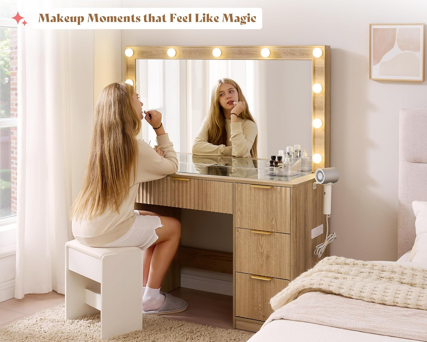 47.2" Fluted Vanity Desk with Large Mirror and Adjustable LED Lights, 7 Drawers Makeup Table with Glass Top and Charging Station for Women and Girls, Bedroom or Dorm, Oak