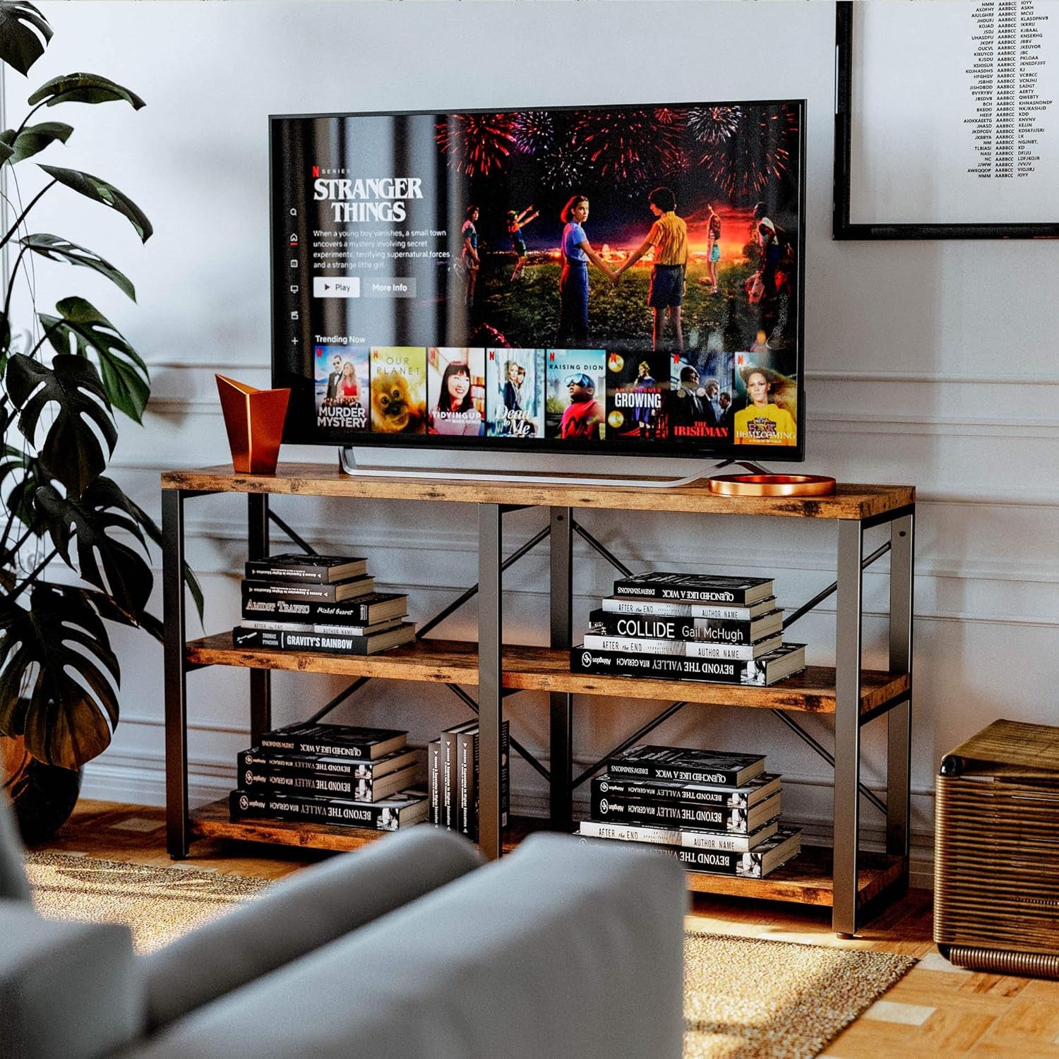 Rustic Entryway Console Table, Long Hallway Table 55 in 3-Tier, TV Stand Entertainment Center Media Stand for Living Room, Industrial Style, Vintage Brown | Rustic, Long, Living Room