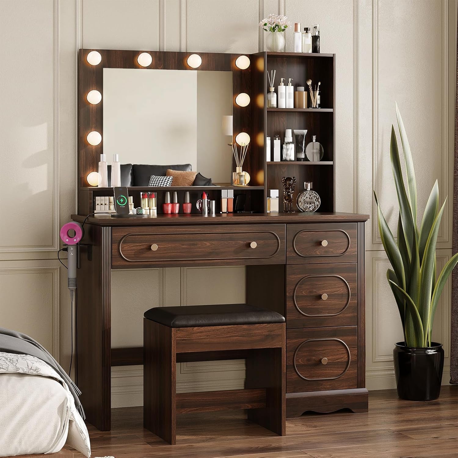 42" W Walnut Makeup Vanity Desk with Mirror and Lights and Charging Station, Dark Brown Wood Vanity with Open Storage and Drawers and Stool Chair, Dressing Table Make up Desk for Bedroom