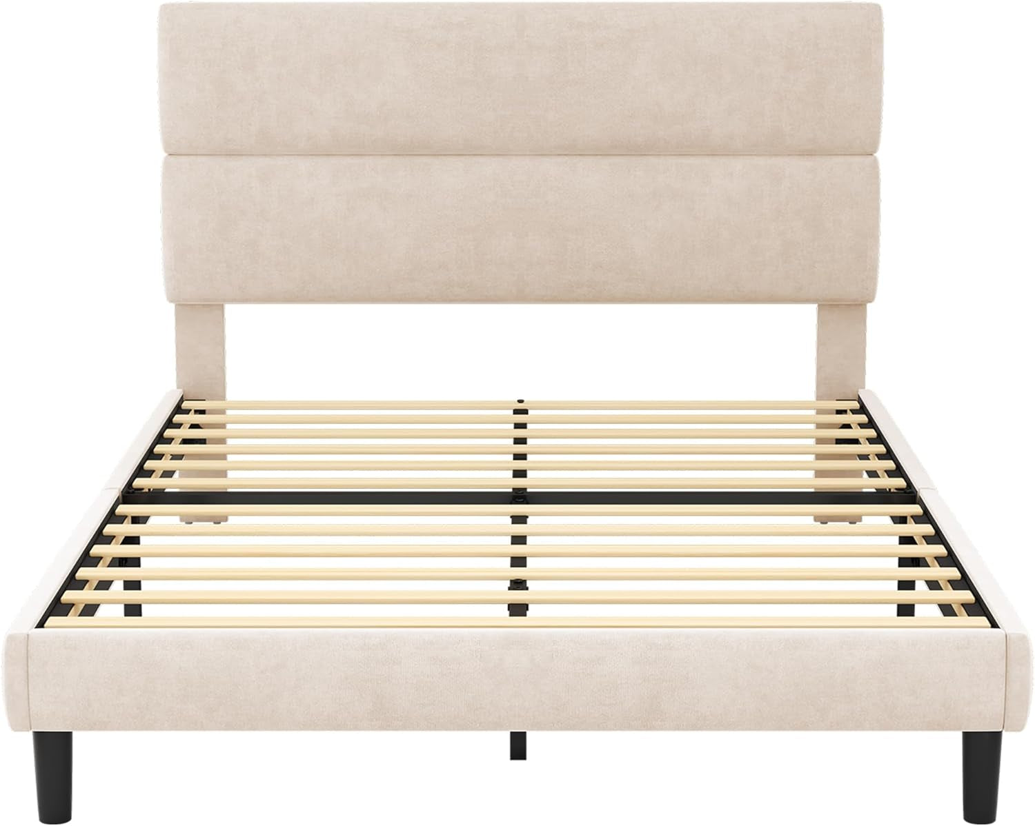 Queen Size Platform Bed Frame with Velvet Headboard, Adjustable Height Wooden Slats Support, Upholstered Mattress Foundation, Fits Mattress or Mattress with Box Spring, Easy Assembly, Beige