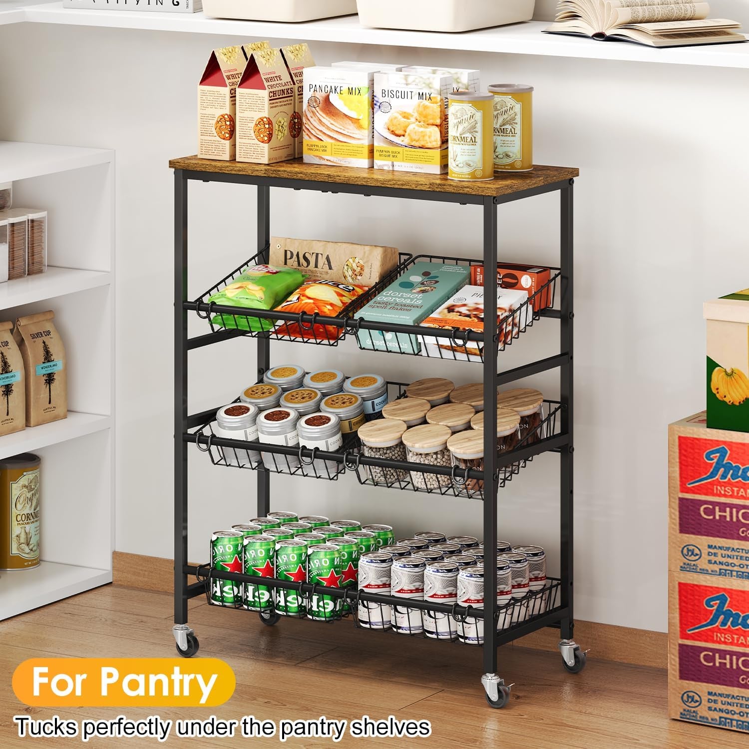 4-Tier Rolling Kitchen Storage Cart,Utility Kitchen Pantry Organizers and Storage Cart with Wheels for Snack Fruit and Vegetable,Microwave Stand with Storage Shelf,Has 6 Wire Baskets and Wood Tabletop