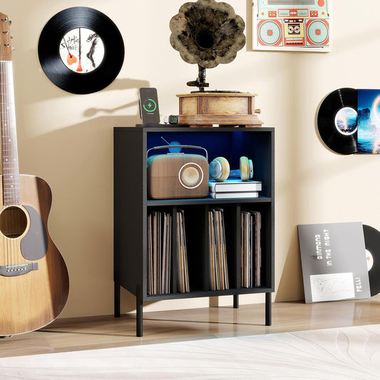 Record Player Stand with LED Lights, Turntable Stand with Charging Station, Vinyl Storage Holder with Sturdy Metal Legs, Album Display Shelf for Living Room, Bedroom (Black)