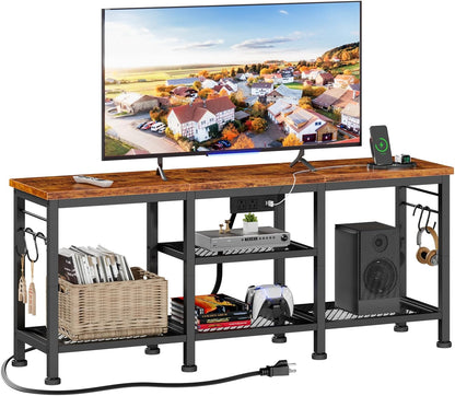 TV Stand with Power Outlets, Entertainment Center with Open Storage Shelves for Tvs up to 55 Inch, Media Console Table with Soundbar Shelf for Living Room, Bedroom, Rustic Brown