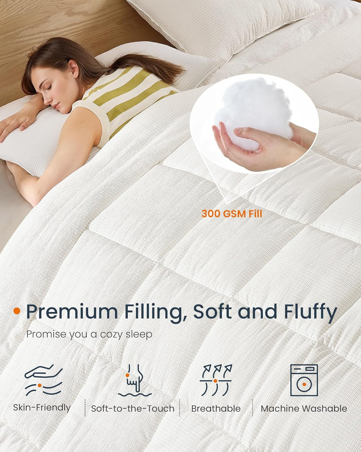 down Alternative Comforter, Qween Size Duvet Insert, 88 X 88 Inches, All-Season Quilt, Breathable Viscose and Soft Microfiber, 300 GSM Fill, for Hot Sleepers, Machine Washable, White