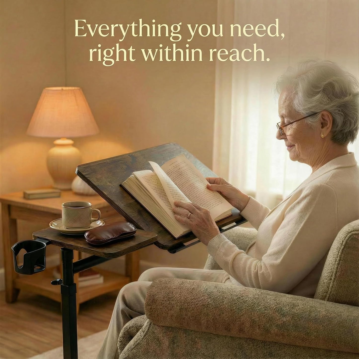 Height Adjustable Overcouch Armrest Table Tray – Tilting Top Swivel Table for Recliner, Sofa, Laptop, Slide under Side Table for Eating, Reading, Snacking, Recovery Use (Rustic Brown)