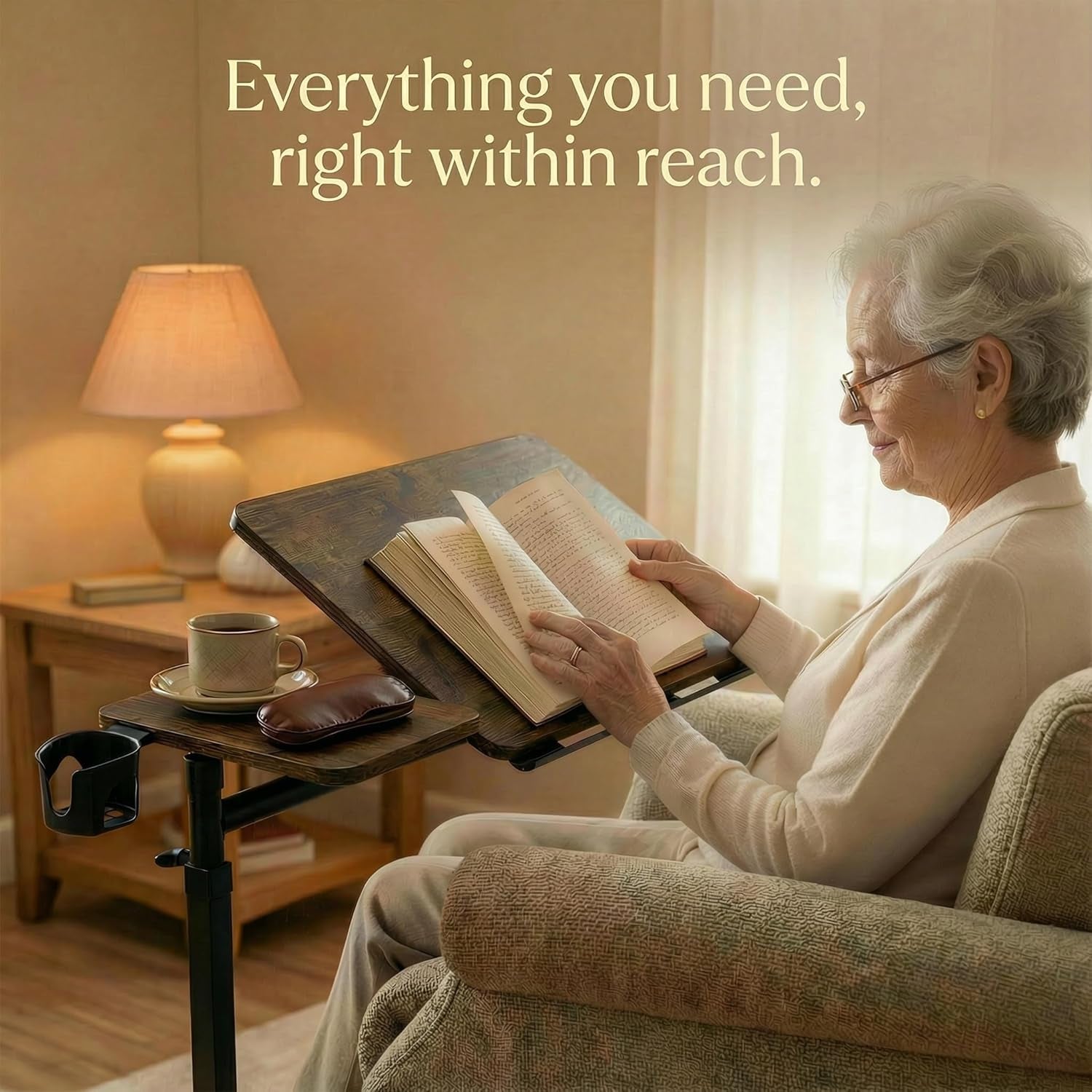 Height Adjustable Overcouch Armrest Table Tray – Tilting Top Swivel Table for Recliner, Sofa, Laptop, Slide under Side Table for Eating, Reading, Snacking, Recovery Use (Rustic Brown)