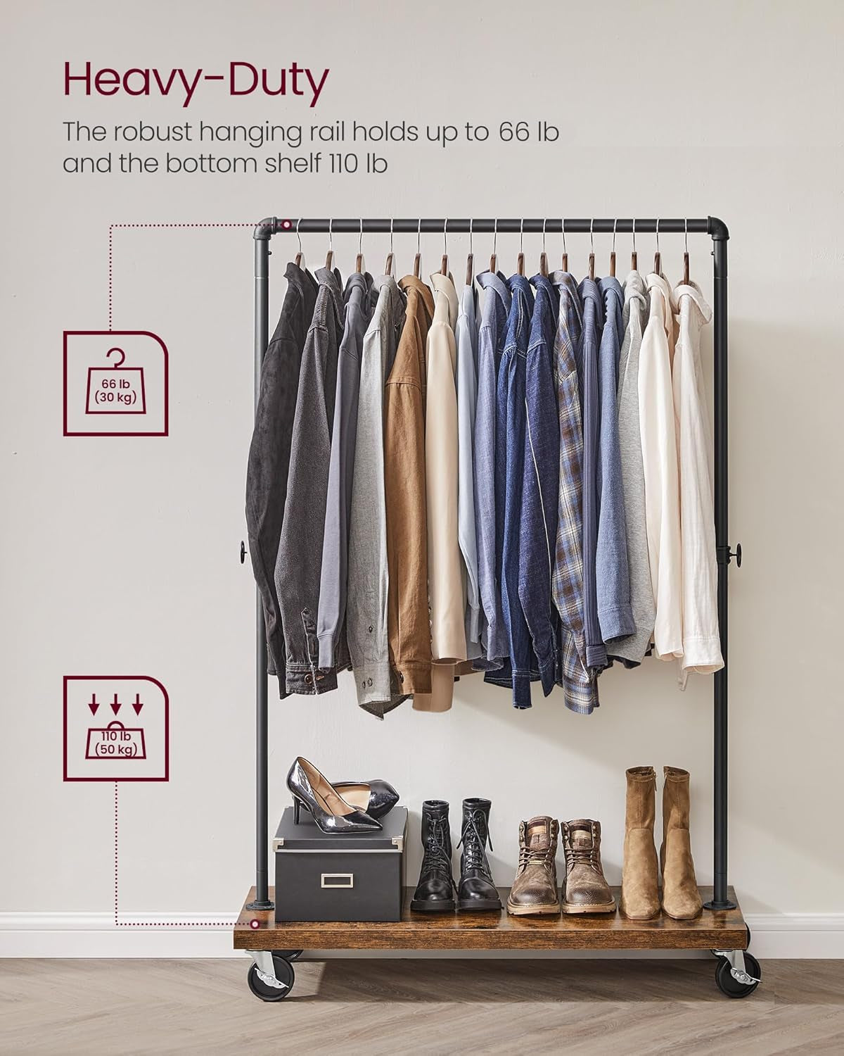 Clothes Rack, Heavy Duty Clothing Rack, Industrial Pipe Style Rolling Garment Rack with Shelf, for Bedroom, Laundry Room, Retail Store, Rustic Brown and Black UHSR65BX