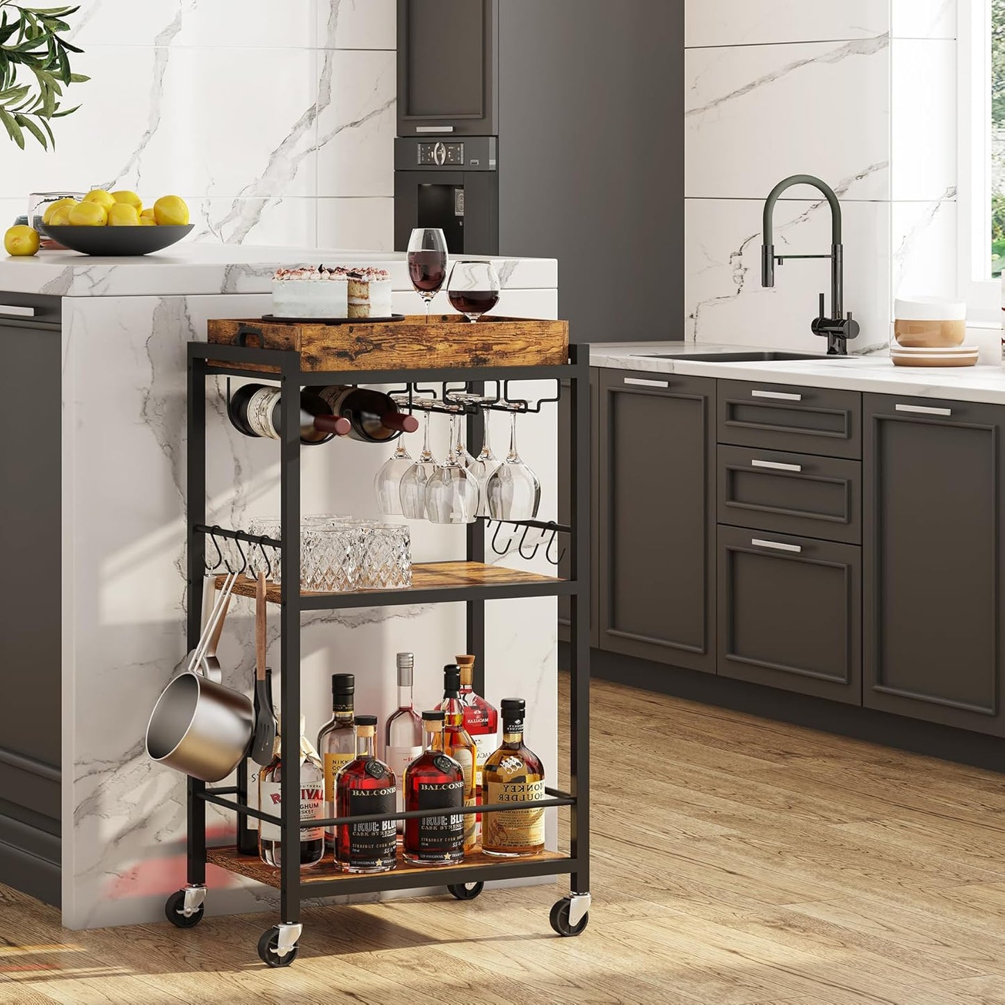 Bar Cart with Removable Tray, Home Bar Serving Cart, Drink Cart, Mobile Kitchen Shelf with Wine Rack and Glass Holder, Rolling Beverage Cart for Living Room, Kitchen, Brown BC01BB036